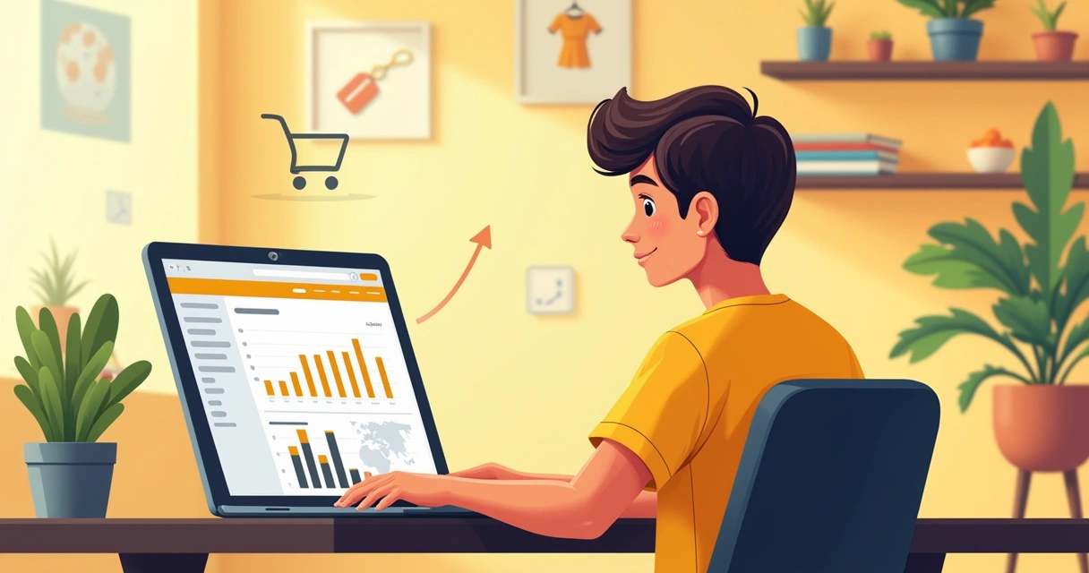 Vendedor utilizando laptop com interface do Mercado Livre e gráficos de vendas ao fundo