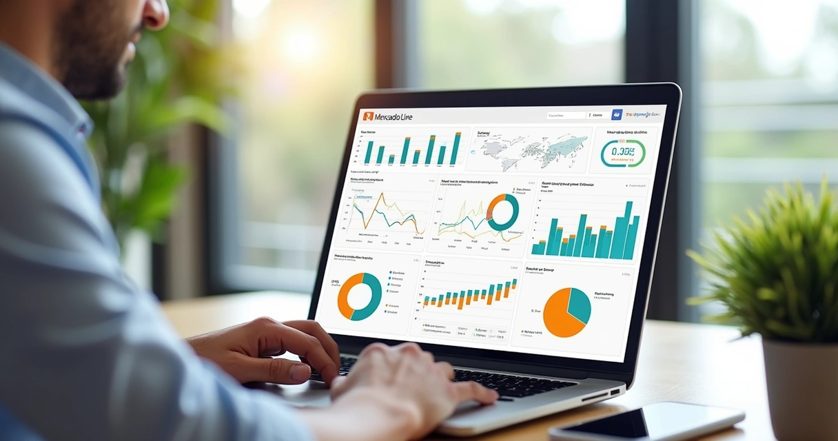 Vendedor analisando dashboard com métricas e gráficos de vendas no Mercado Livre