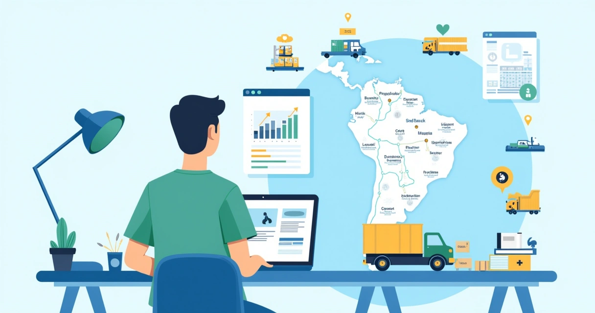 Vendedor usando laptop com gráficos de vendas e produtos em tela, com mapa de São Paulo ao fundo