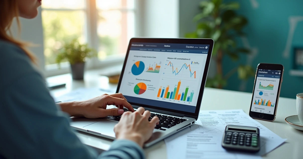 Pessoa analisando gráficos financeiros e calculando margem de contribuição em laptop com dados de vendas do Mercado Livre na tela