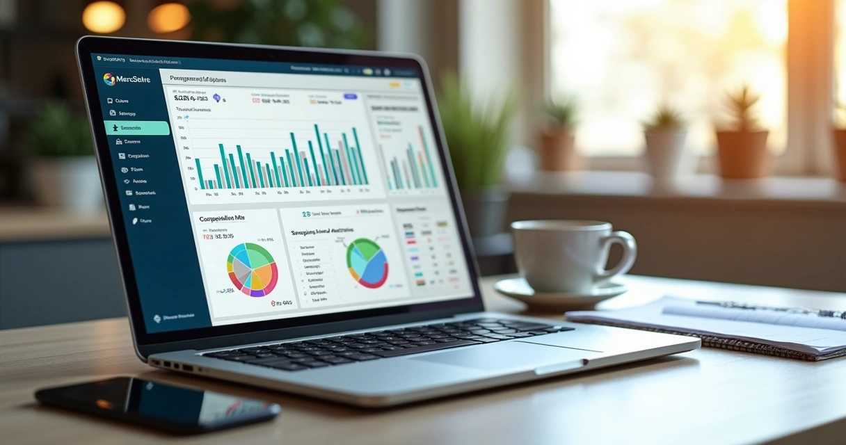 Dashboard digital mostrando gráficos e métricas de vendas do Mercado Livre em tela de notebook
