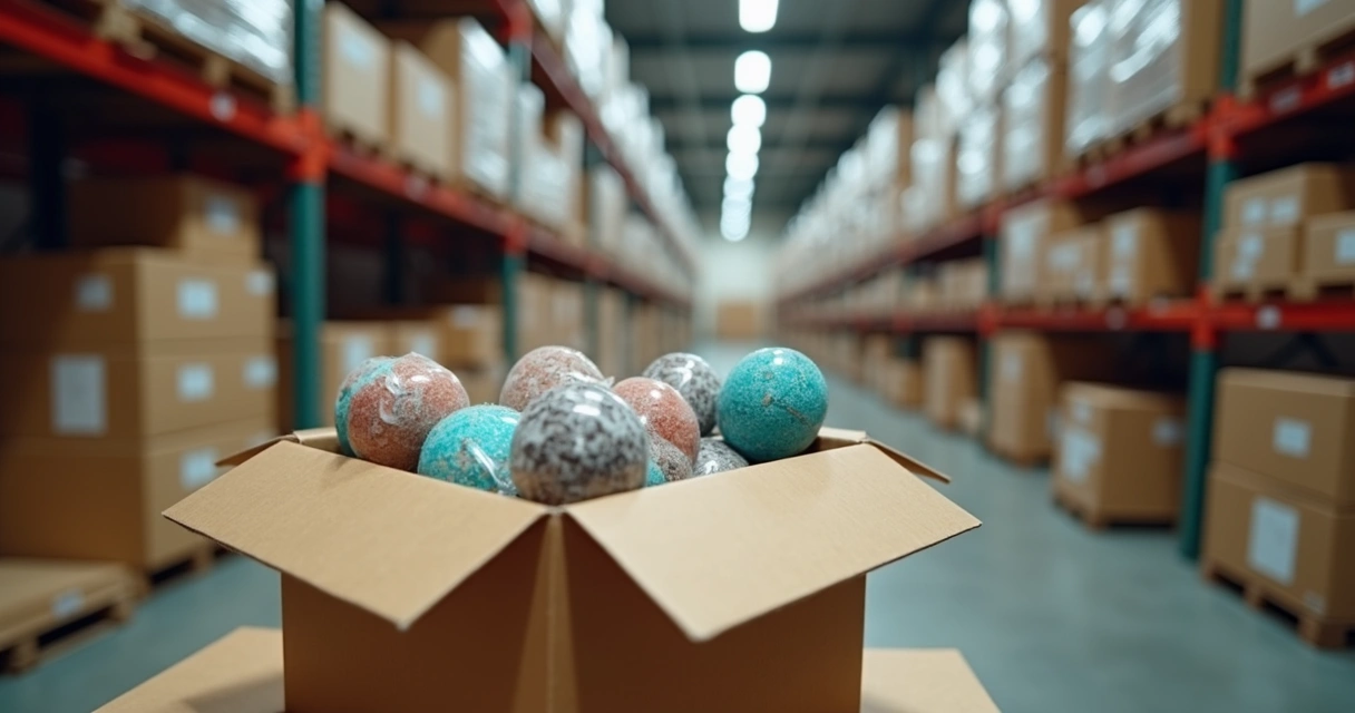 Caixa aberta com produtos parados em estoque organizados em prateleiras de armazém