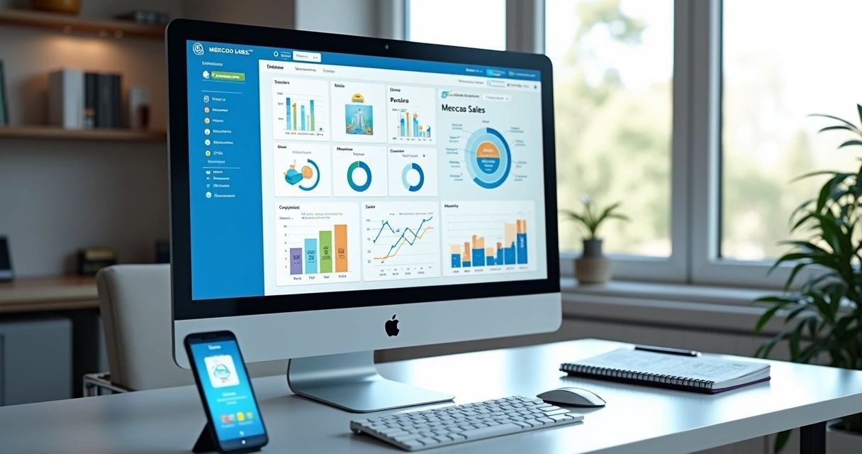 Computador com dashboard de vendas e gráficos no Mercado Livre