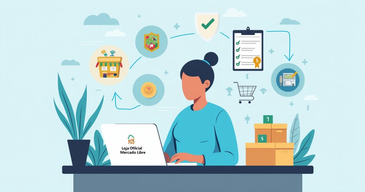 Ilustração corporativa flat de uma pessoa usando computador acessando painel de controle para habilitar loja oficial no Mercado Livre
