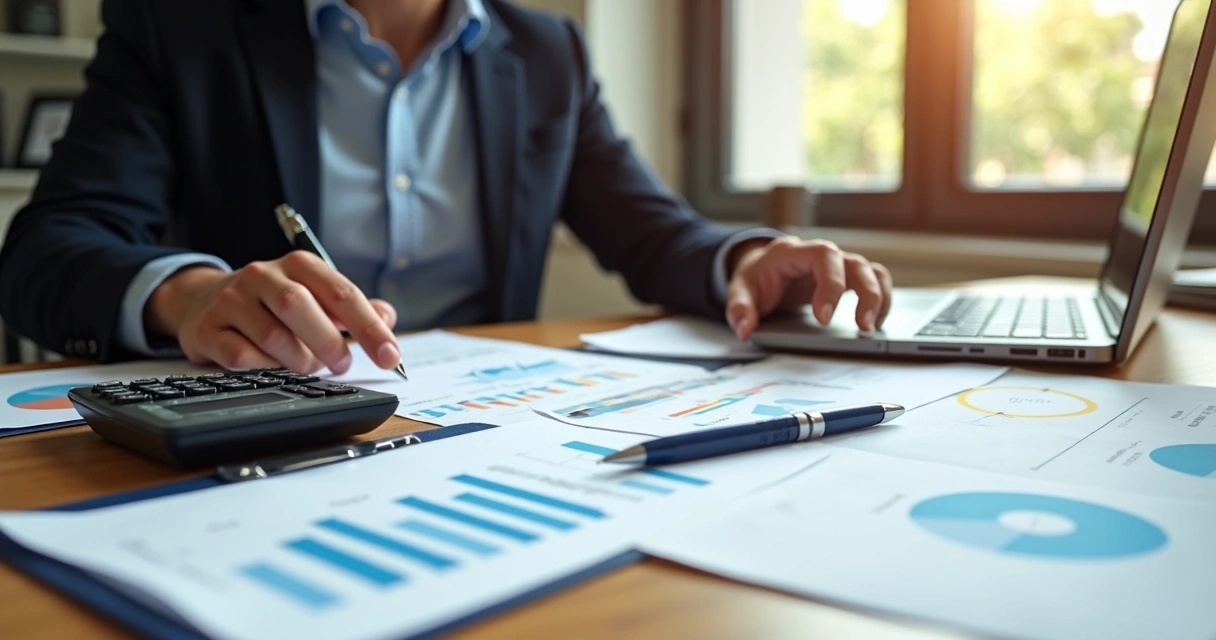 Profissional revisando documentos fiscais em uma mesa com notebook, calculadora e gráficos financeiros