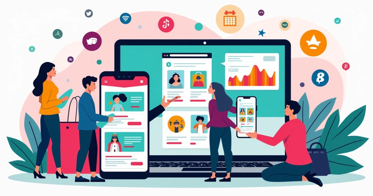 Ilustração corporativa de vendedores usando o TikTok Shop com tela destacando vendas e gráficos de crescimento