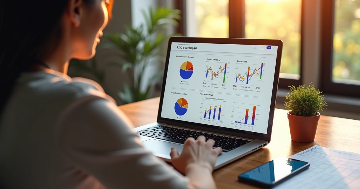 Vendedor analisando gráficos e métricas em laptop com interface do Mercado Livre na tela