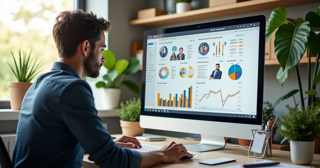 Vendedor analisando dados estratégicos em dashboard digital com gráficos e produtos do Mercado Livre