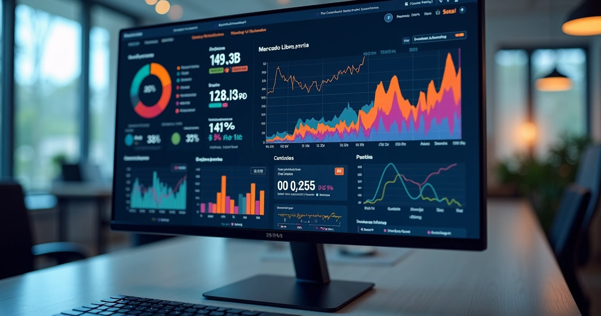 Dashboard digital com métricas de vendas do Mercado Livre exibidas em tela de computador