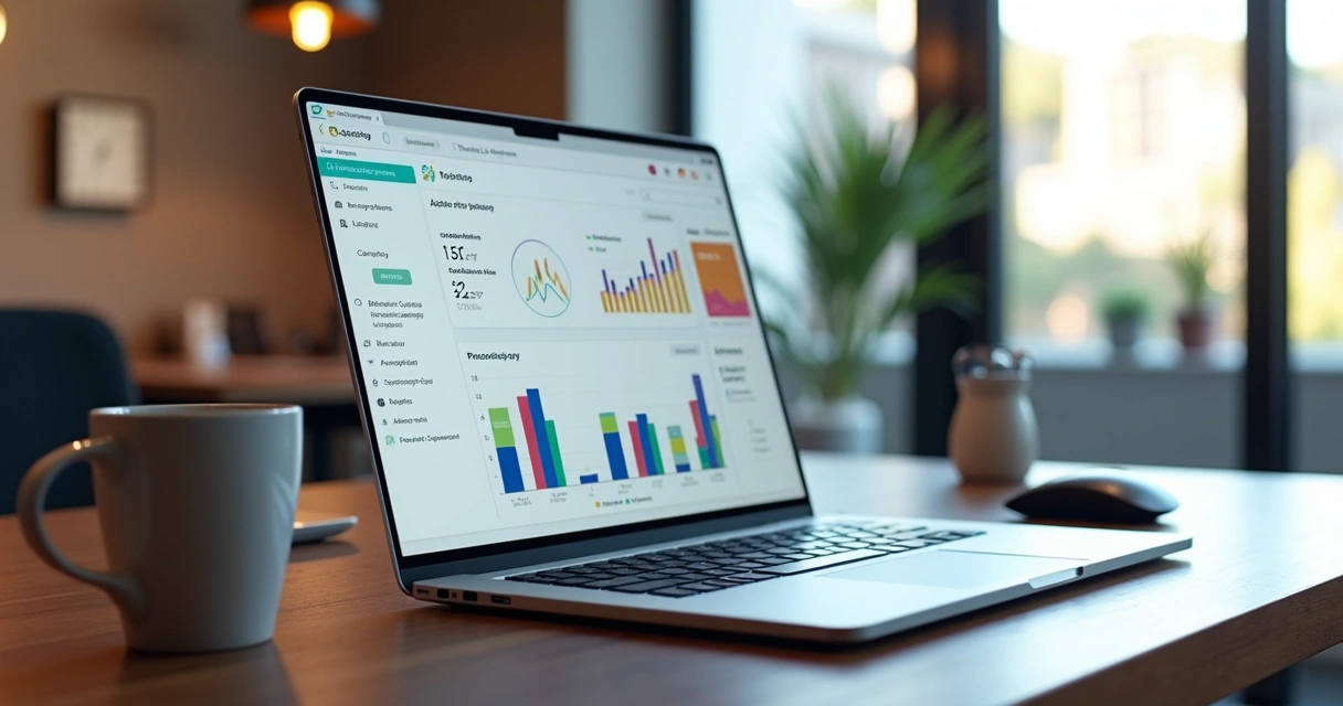 Tela de computador exibindo dashboard de vendas do Mercado Livre com gráficos e métricas detalhadas