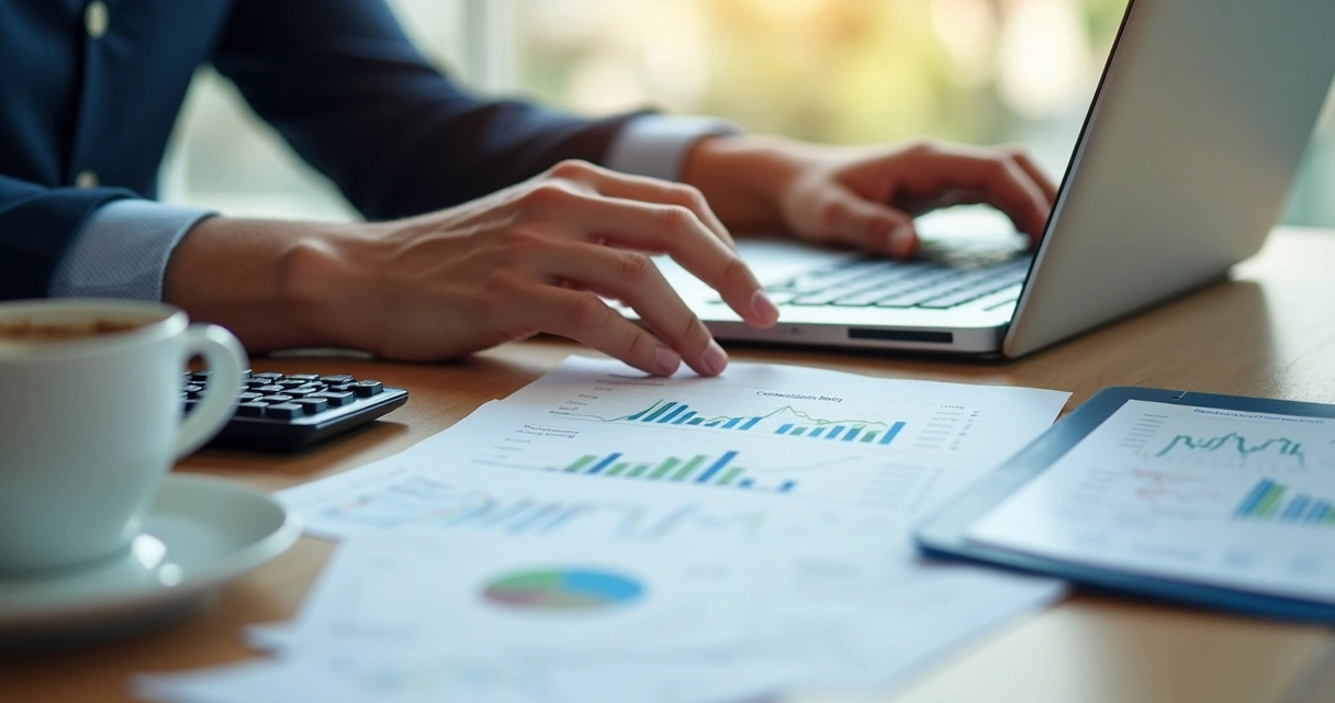 Pessoa analisando cálculos financeiros e margem de contribuição em um notebook com gráficos e planilhas ao redor