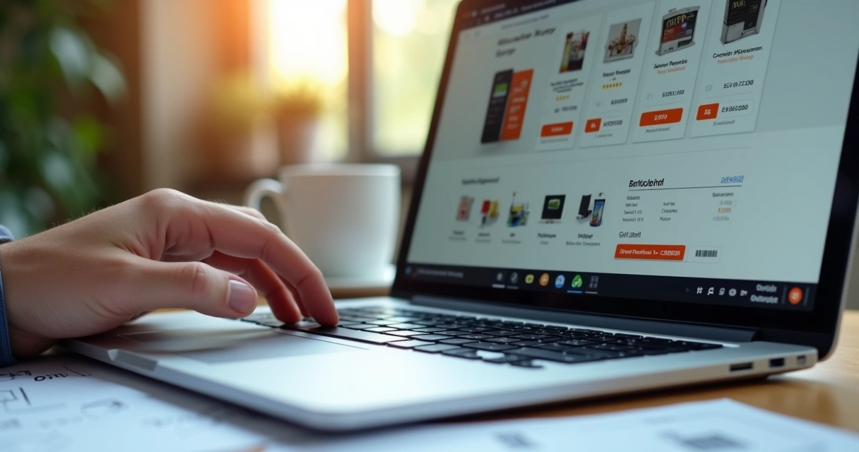 Mão digitando código de barras EAN em notebook com interface de marketplace na tela
