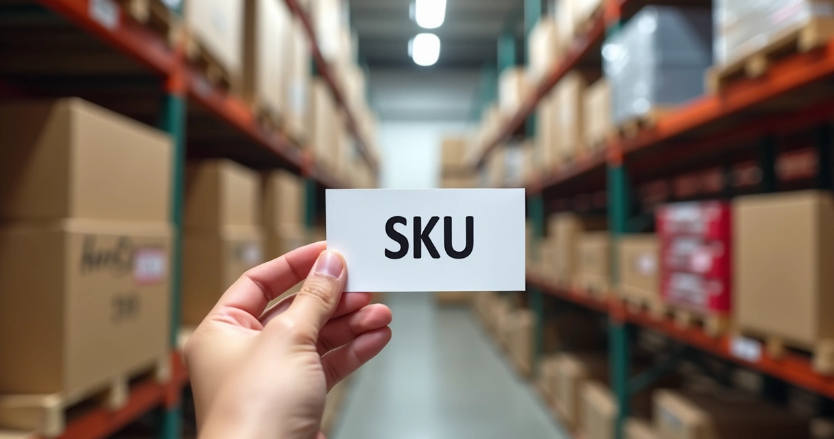Mão segurando etiqueta com código SKU ao lado de prateleira organizada com caixas de produtos coloridas