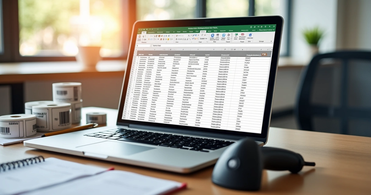 Mesa de trabalho com planilha de controle de estoque e códigos SKU e EAN ao lado de scanner e etiquetas de código de barras
