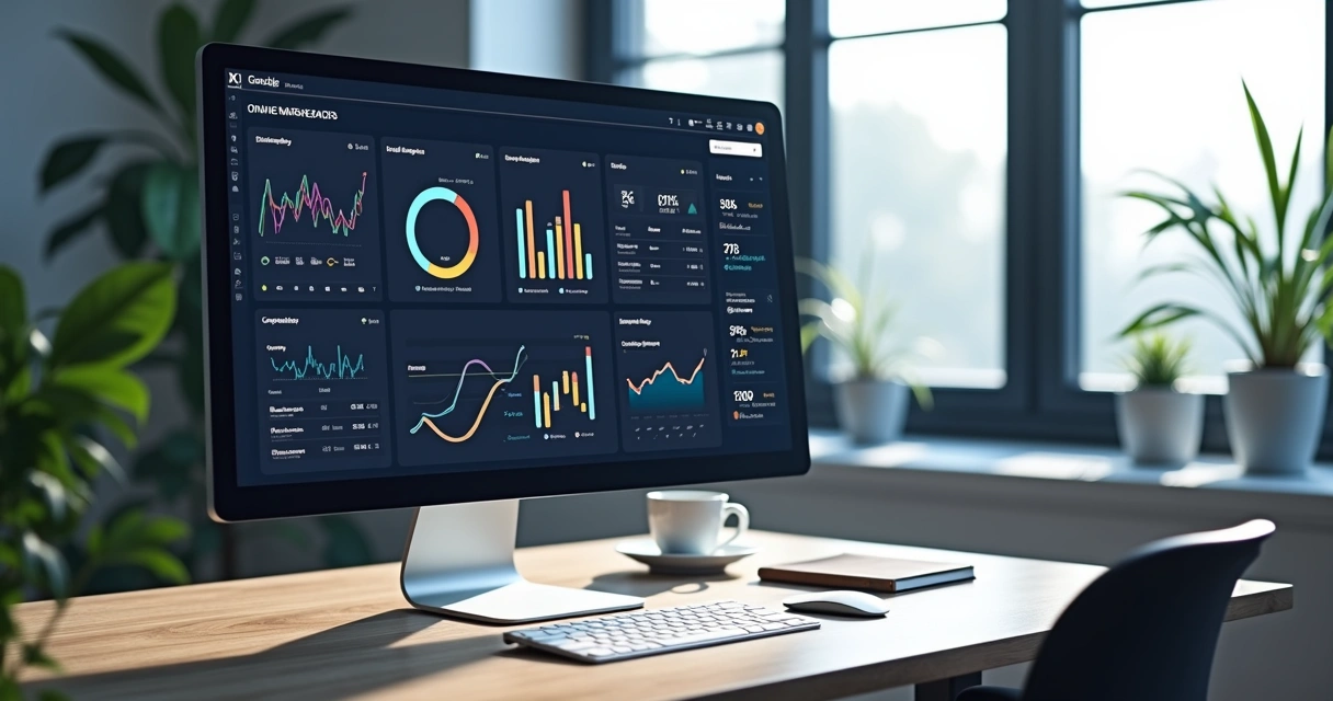 Dashboard digital moderno exibindo gráficos de vendas, análises e dados financeiros em tela de computador