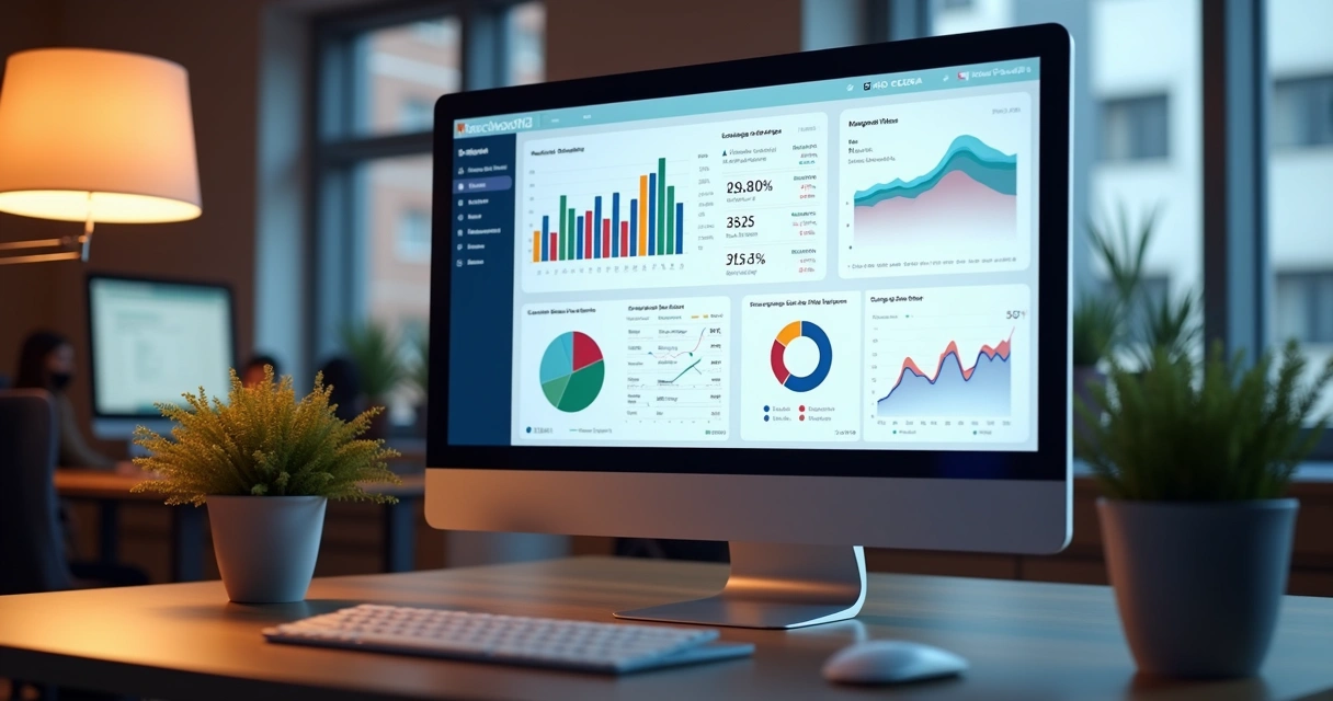 Dashboard digital com gráficos e métricas de anúncios no Mercado Livre exibidos em monitor moderno
