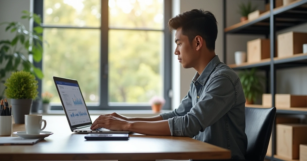 Jovem empreendedor usando laptop para vender online no Mercado Livre em ambiente moderno e bem iluminado