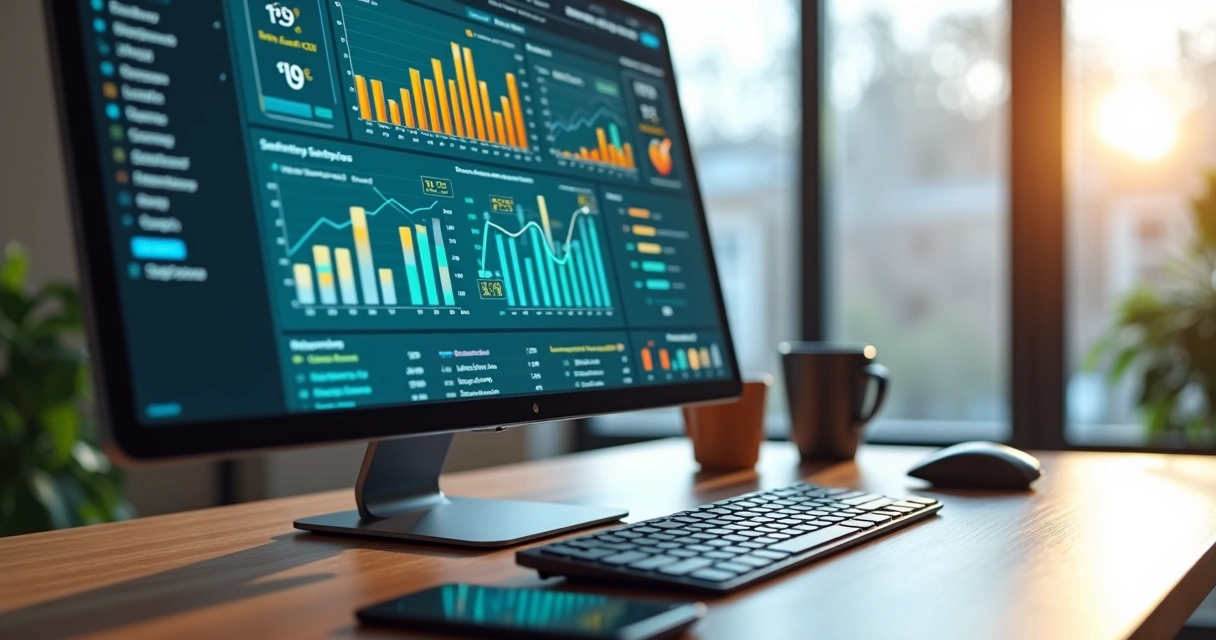 Mesa com computador mostrando painel de métricas de campanhas publicitárias em alta resolução