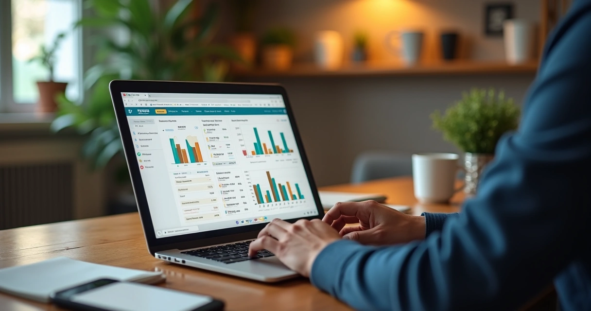 Vendedor analisando catálogo do Mercado Livre em laptop com gráficos e dados de vendas na tela