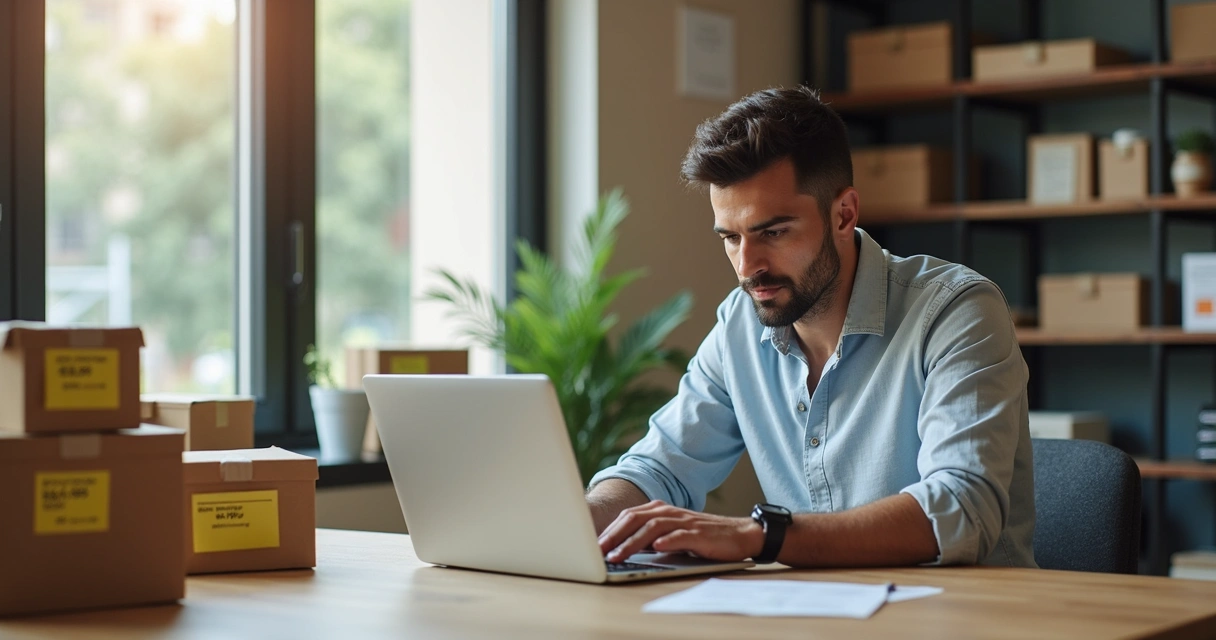 Vendedor iniciante preparando anúncios no computador rodeado por caixas de produtos para venda online