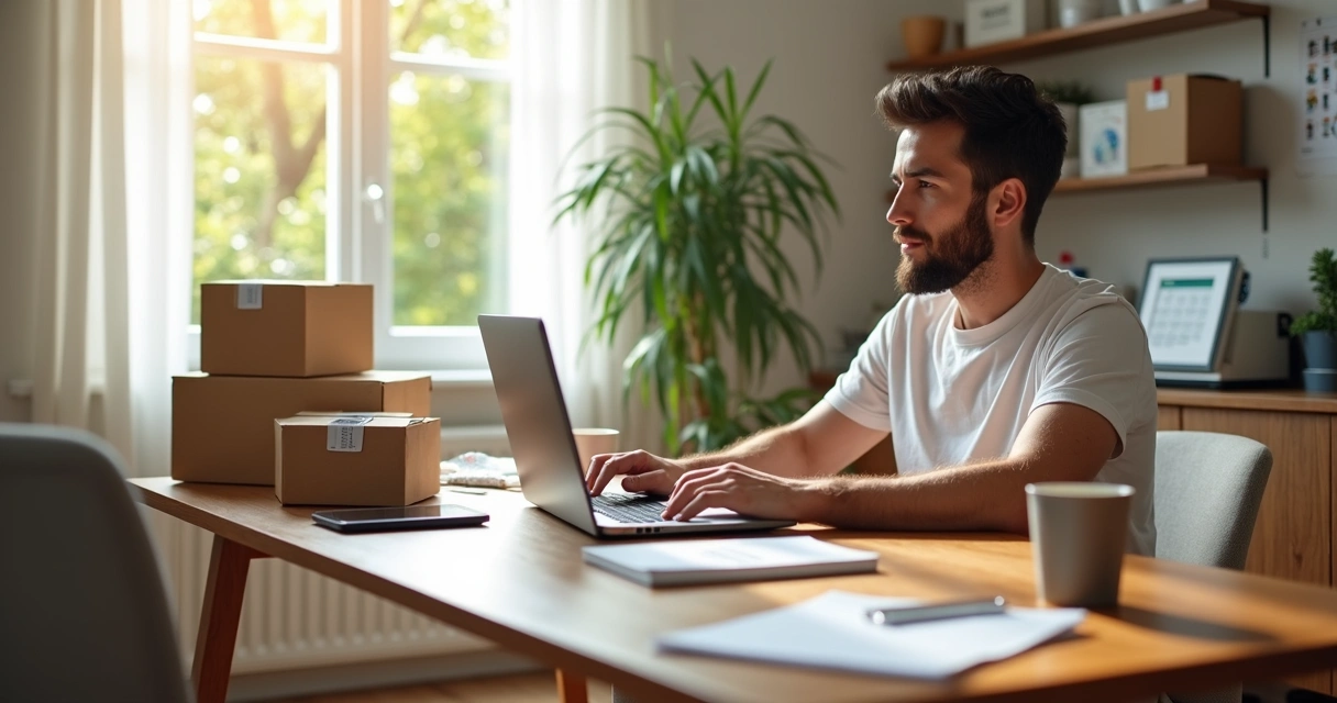 Vendedor utilizando laptop em mesa organizada com pacotes prontos para envio durante férias