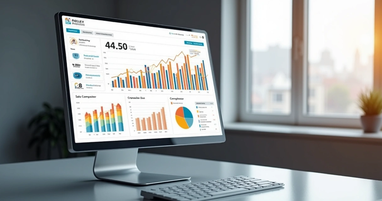 Dashboard digital com gráficos de vendas em alta e estatísticas de mercado exibidas em tela clara