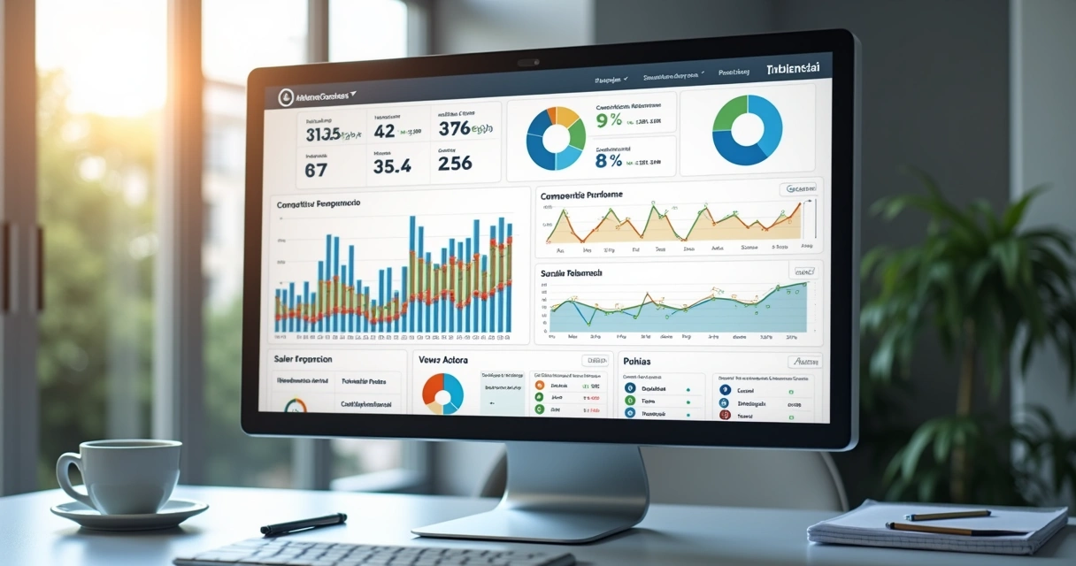 Dashboard digital mostrando métricas de vendas no Mercado Livre com gráficos e números detalhados