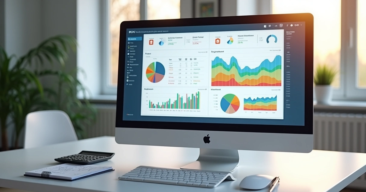 Tela de computador mostrando dashboard financeiro com gráficos, planilhas e calculadora ao lado