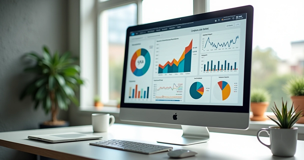 Tela de computador mostrando dashboard de plataforma de dados para e-commerce com gráficos e indicadores financeiros