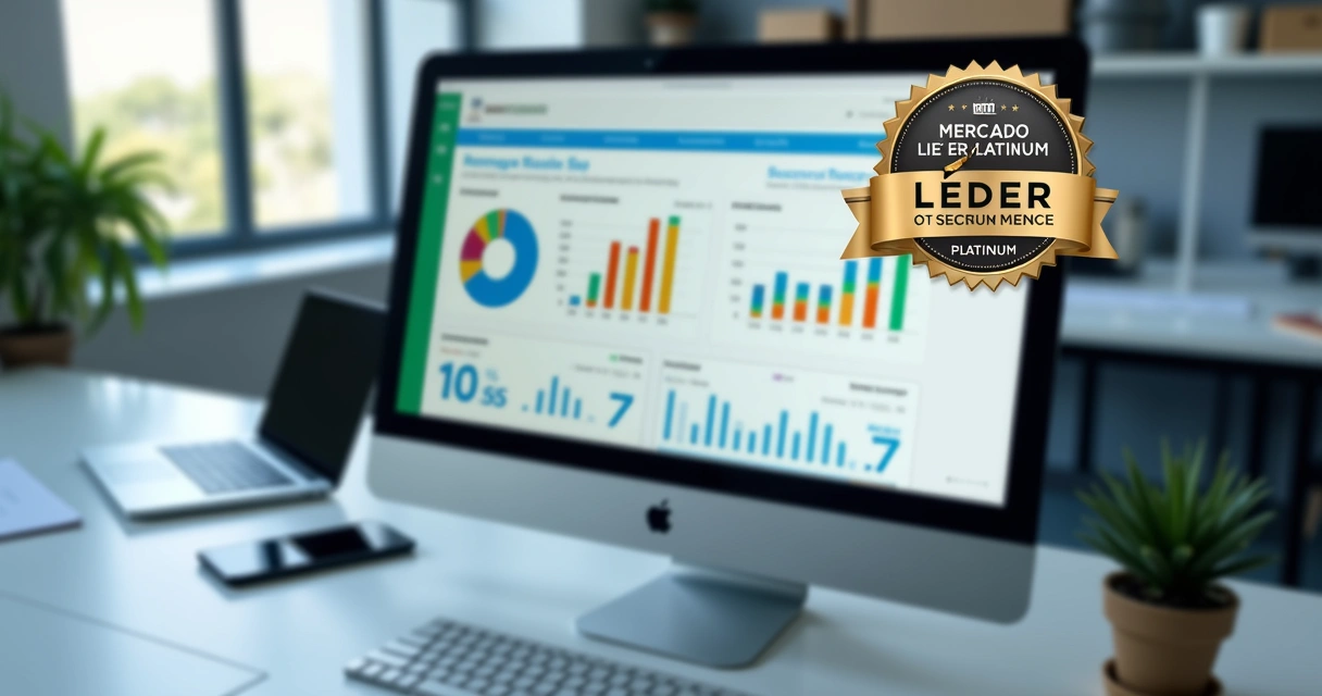 Dashboard de vendas com selo Mercado Líder Platinum destacado em interface digital