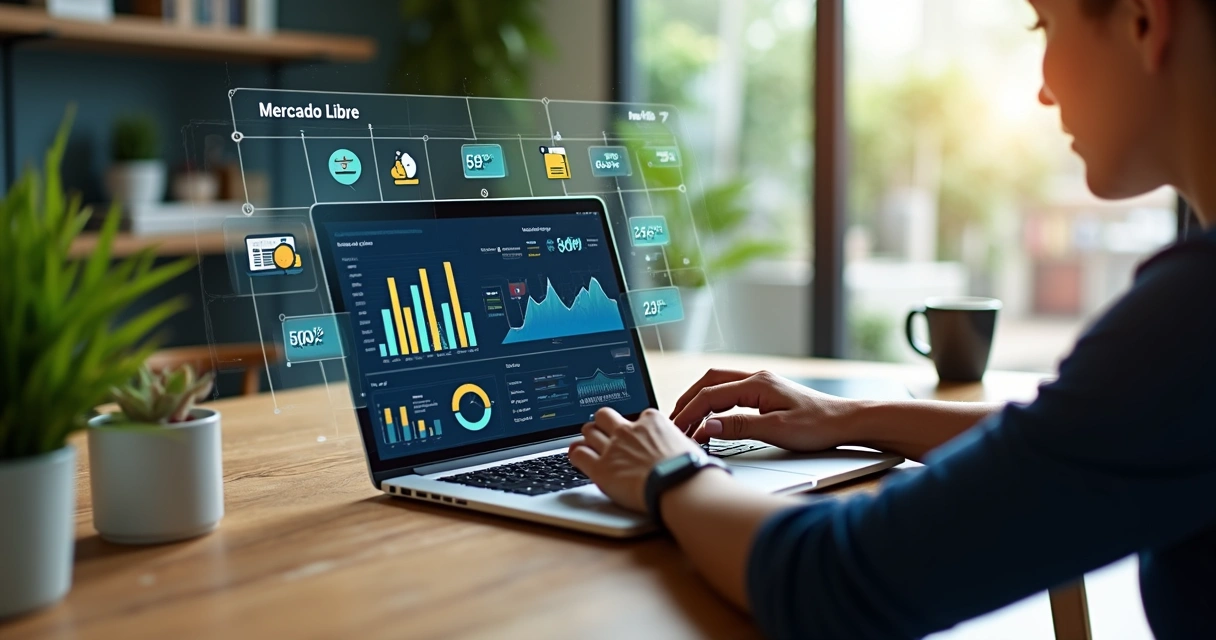 Pessoa analisando dados em laptop com gráficos de vendas e planos estratégicos ao redor