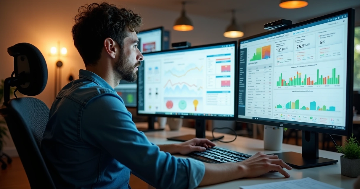 Vendedor analisando gráficos e dados de vendas do Mercado Livre em tela de computador