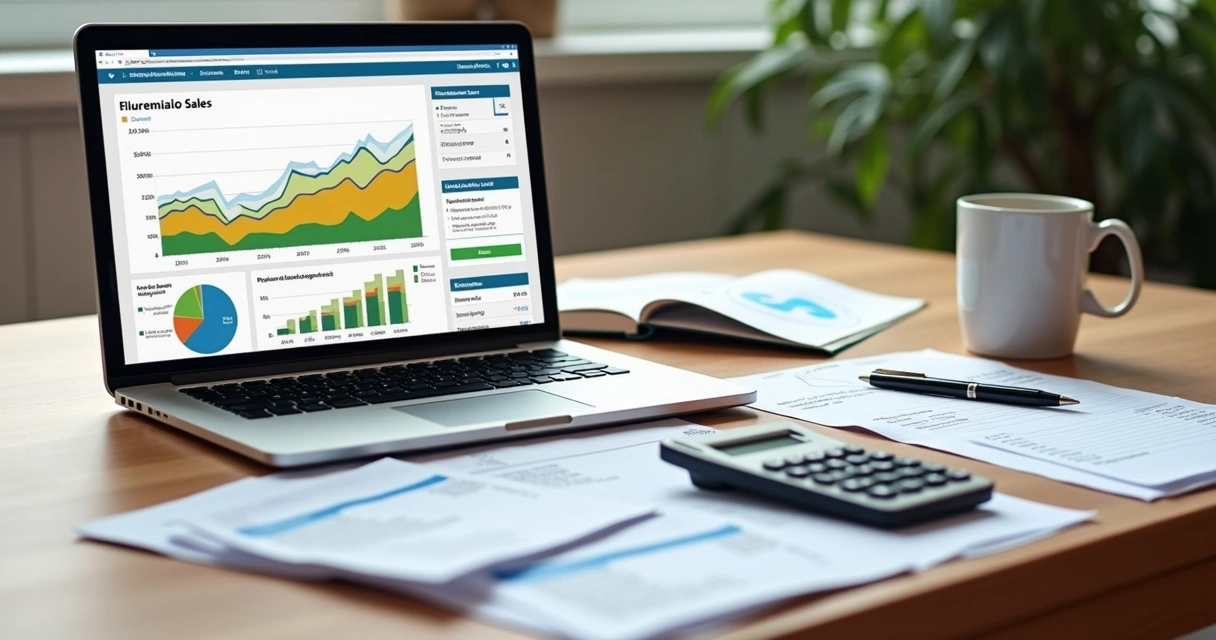 Mesa com calculadora, notas fiscais, laptop com gráficos de vendas e uma caneca, representando controle financeiro de vendas online