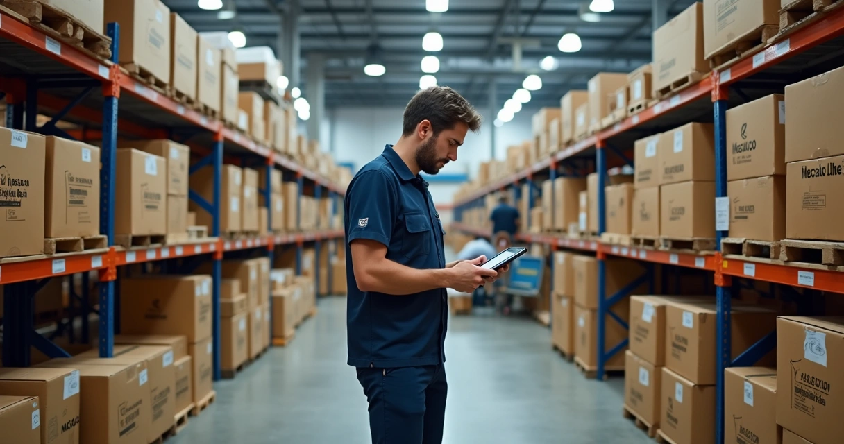 Centro de distribuição do Mercado Livre com prateleiras organizadas e caixas para envio Full