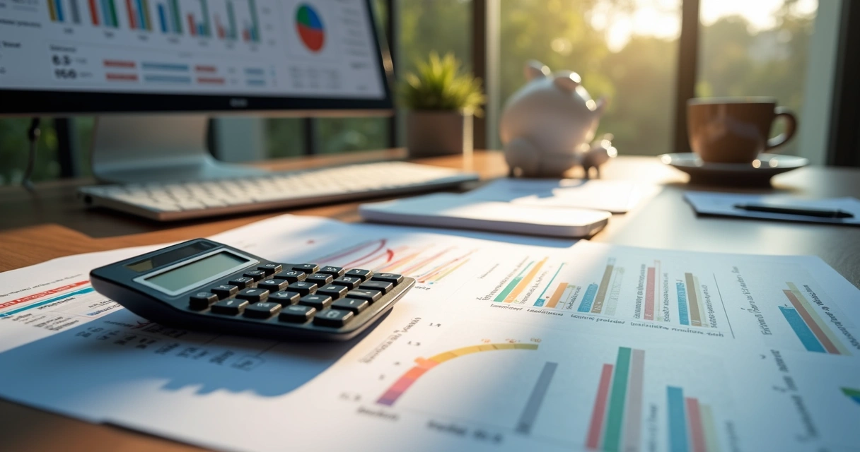 Calculadora, tela de computador com gráficos de vendas e taxas do Mercado Livre