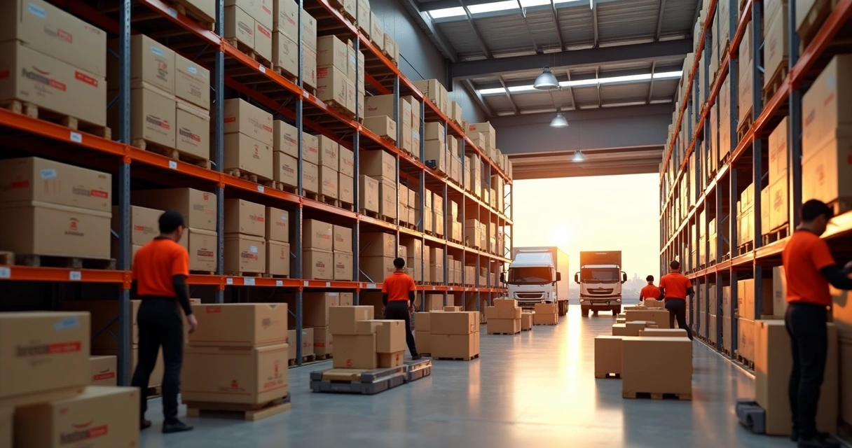 Centro de distribuição com prateleiras cheias de caixas organizadas e trabalhadores operando para embalar e despachar pedidos