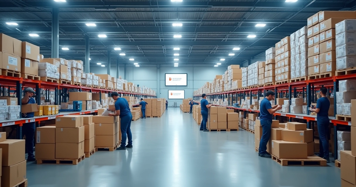 Centro de distribuição moderno com prateleiras organizadas, caixas empilhadas e funcionários separando pedidos para envio rápido