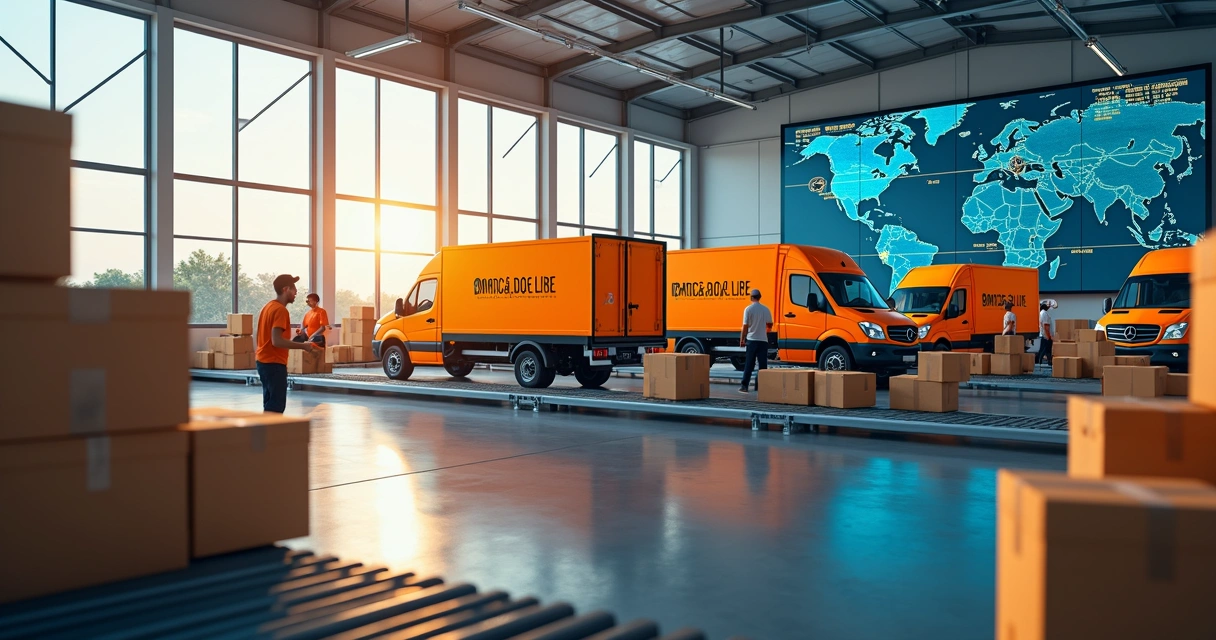 Centro de distribuição moderno com caixas sendo organizadas para entrega rápida e motoristas carregando veículos de transporte