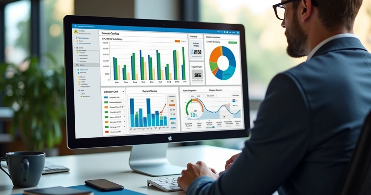 Vendedor analisando gráficos e dados de vendas no mercado livre em tela de computador com gráficos coloridos e interface profissional