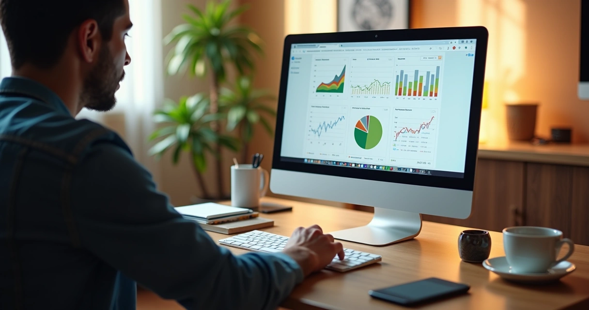 Vendedor analisando métricas de vendas no computador com tela de dashboard do Mercado Livre