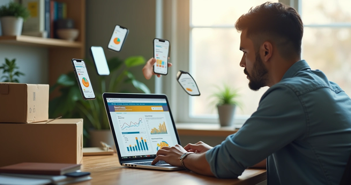 Vendedor analisando vendas no laptop com gráficos e produtos Mercado Livre ao redor