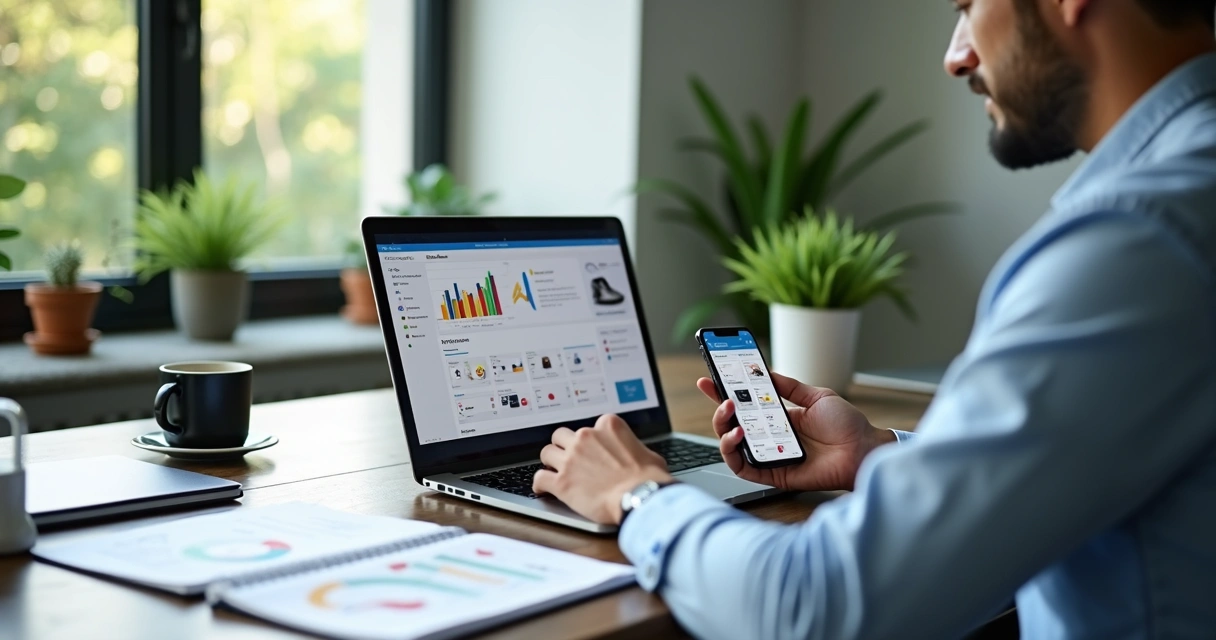 Pessoa analisando produtos no Mercado Livre usando notebook e smartphone em ambiente moderno de escritório