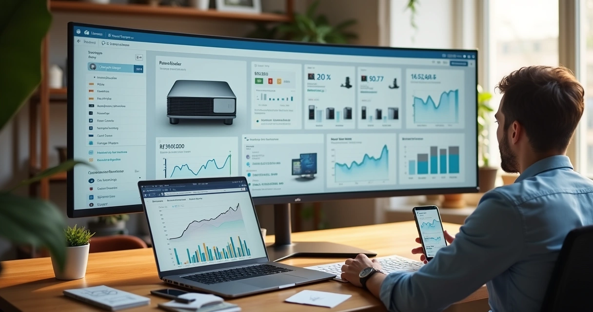 Vendedor analisando margens e demanda de produtos em marketplace num painel com gráficos