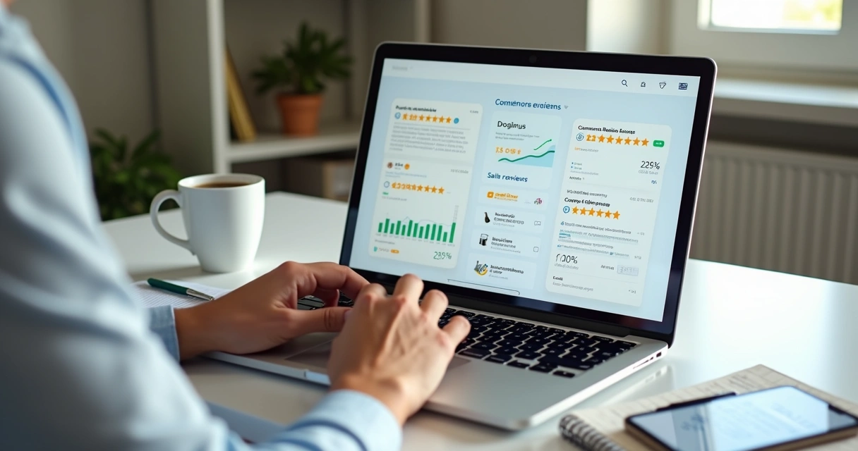 Vendedor analisando avaliações de produtos em marketplaces no notebook