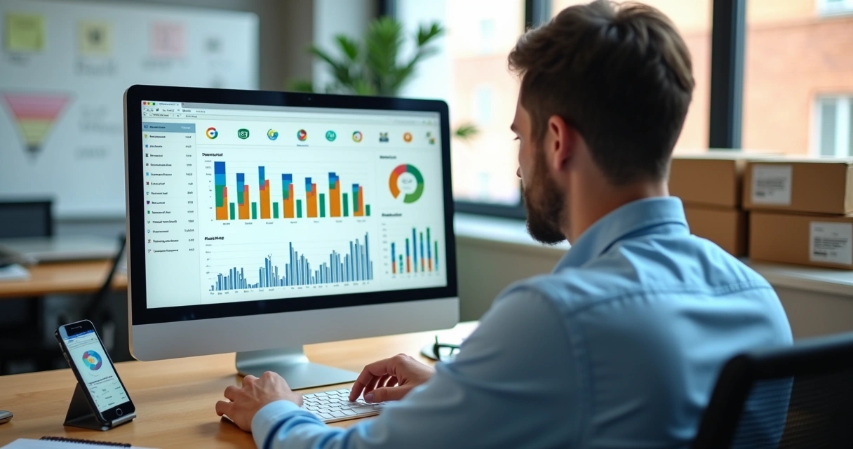 Gestor analisando painel de controle de vendas de marketplaces no computador