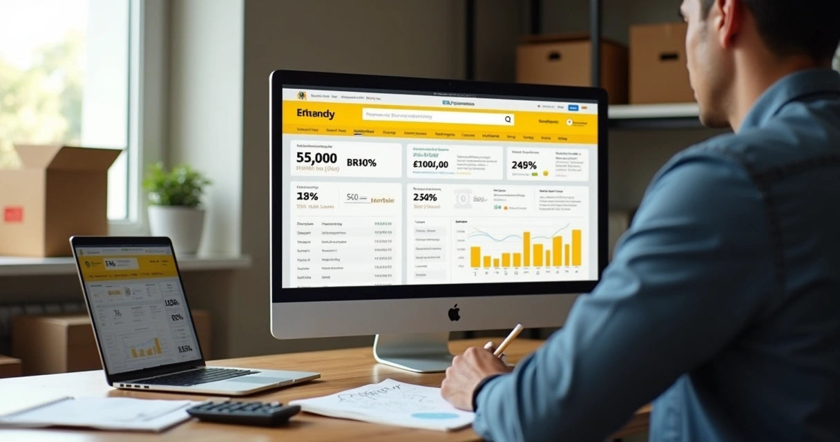 Vendedor analisando lucro do Mercado Livre em tela com gráficos e lista de produtos