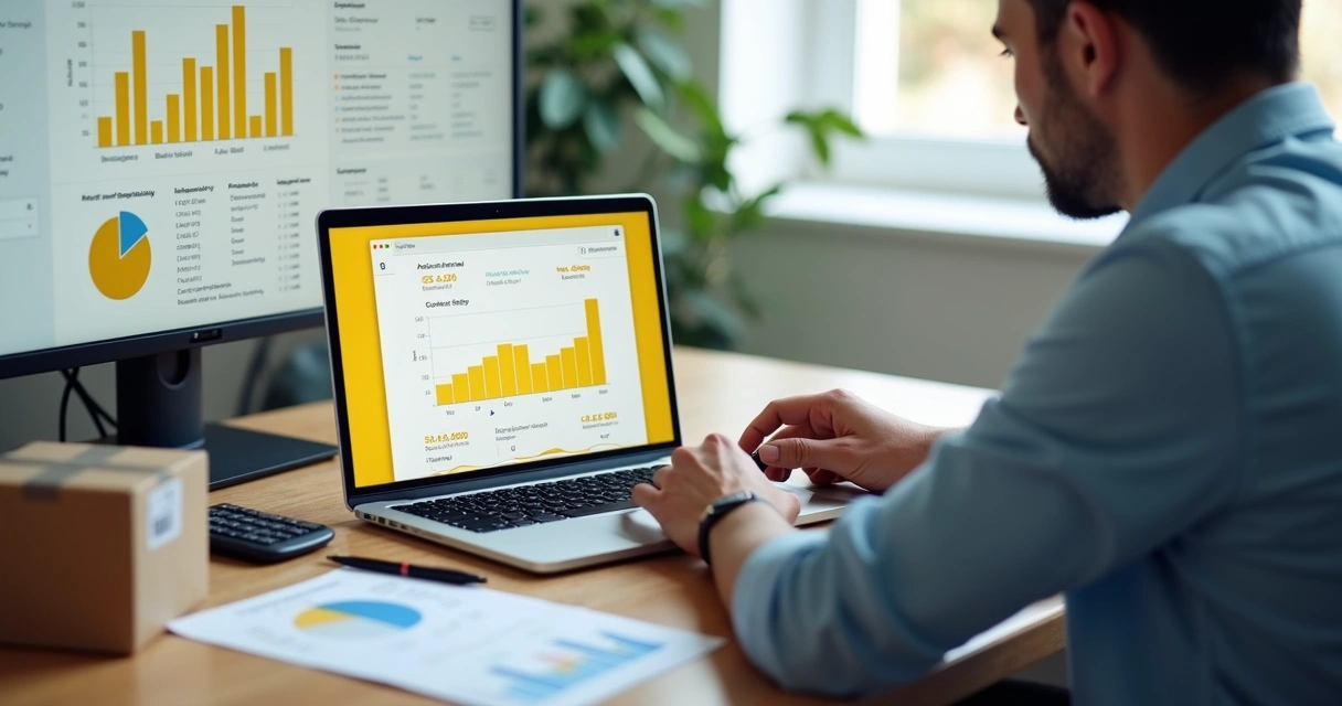 Vendedor analisando margens de lucro e qualidade de produtos em gráfico com interface do Mercado Livre ao fundo