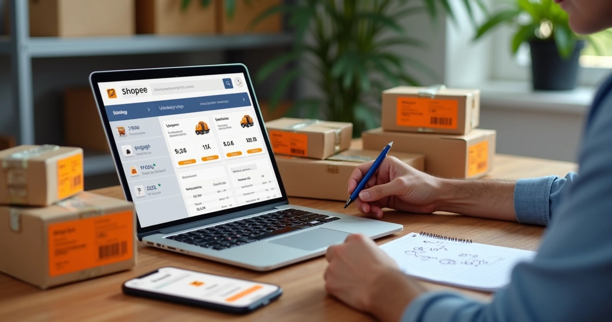 Vendedor organizando pacotes da Shopee em frente ao computador com tela de frete e taxas