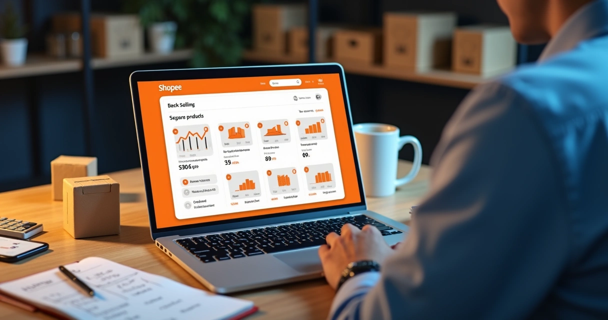 Vendedor analisando no laptop lista de produtos mais vendidos na Shopee