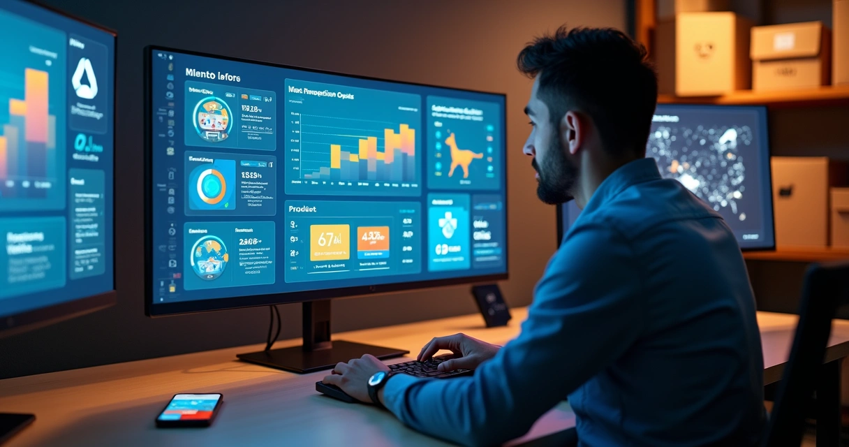Painel de marketplace com vendedor acompanhando dados de vendas e tendências em múltiplas telas